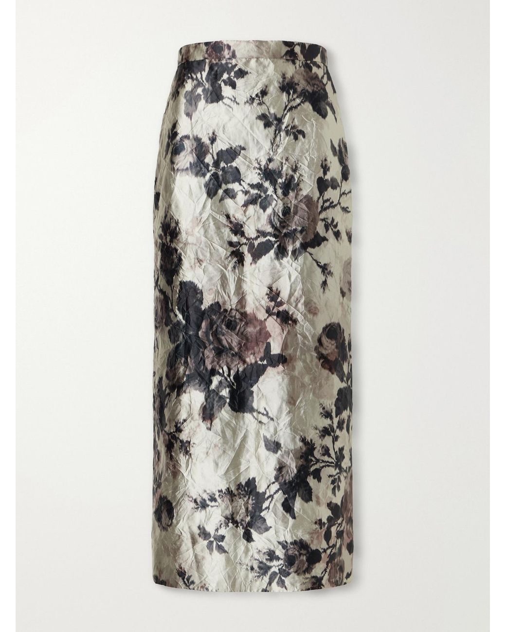 Erdem Gray Floral-Print Crinkle Satin Midi Skirt
