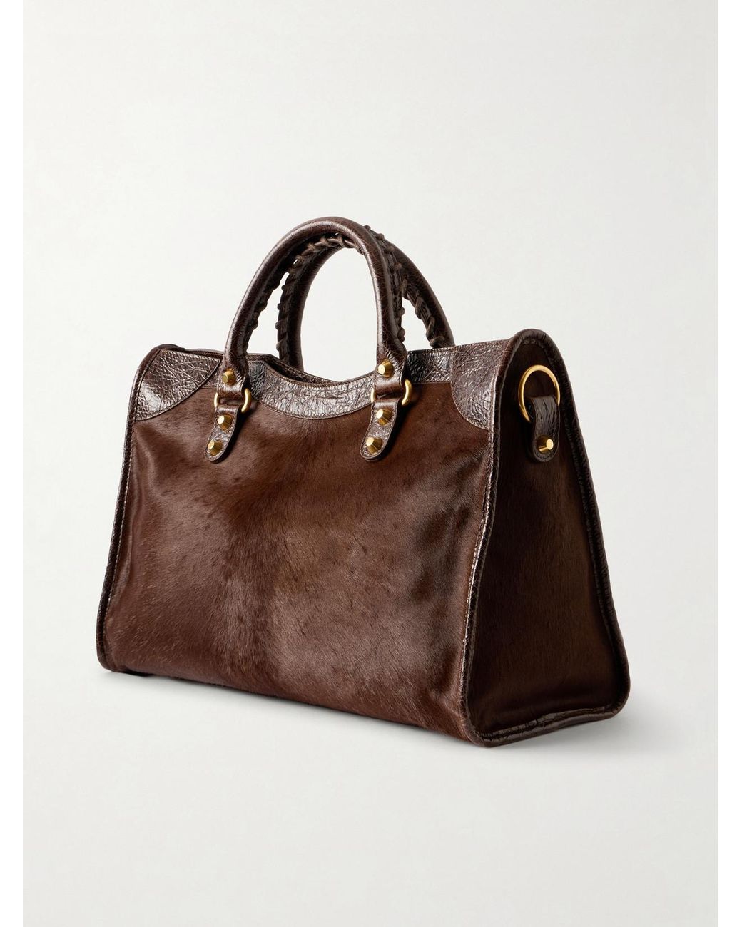 Balenciaga Brown Le City Crinkled Leather-Trimmed Pony Hair Shoulder Bag