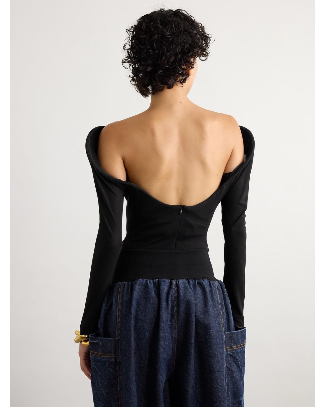 Alaïa Black Open-Back Padded Jersey Bodysuit
