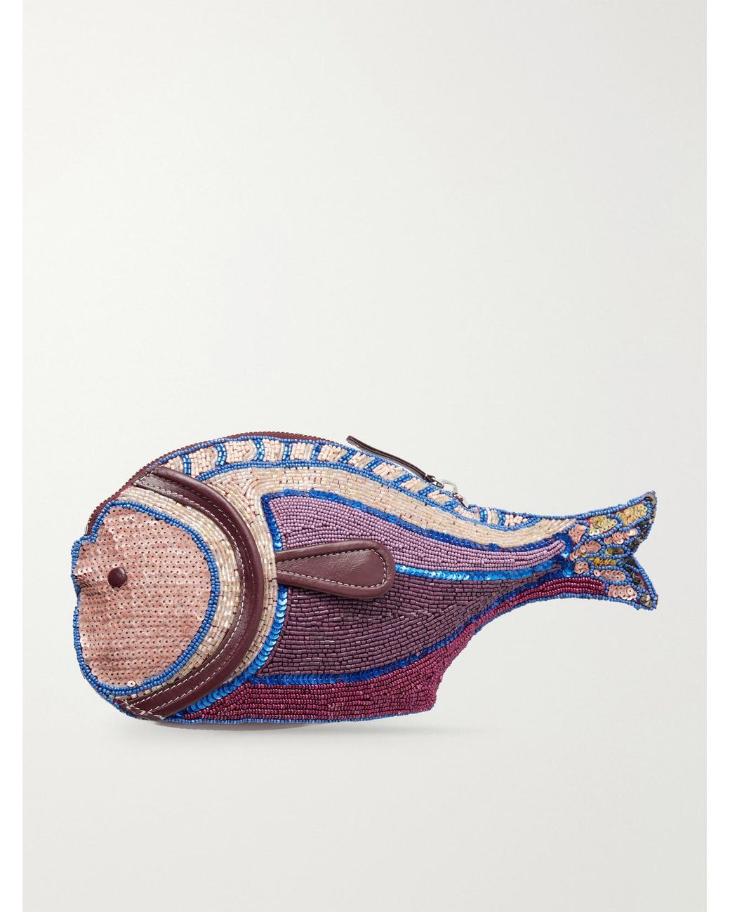 Staud Purple Pesce Beaded Leather Clutch