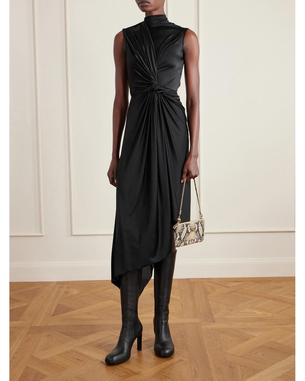 Balenciaga Black Asymmetric Draped Knotted Satin-Jersey Dress