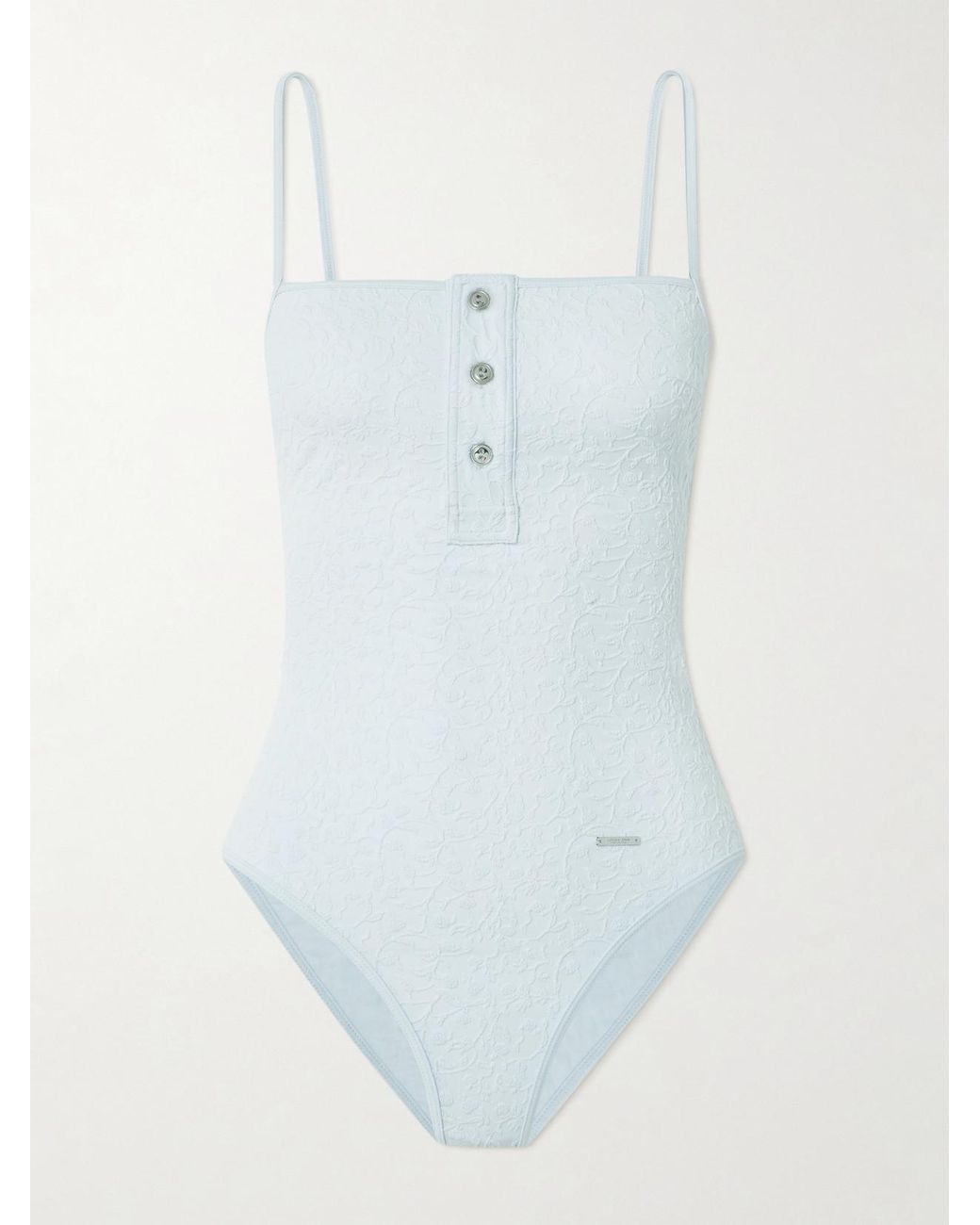 Bottega Veneta Blue Button-Detailed Floral Cloqué Swimsuit