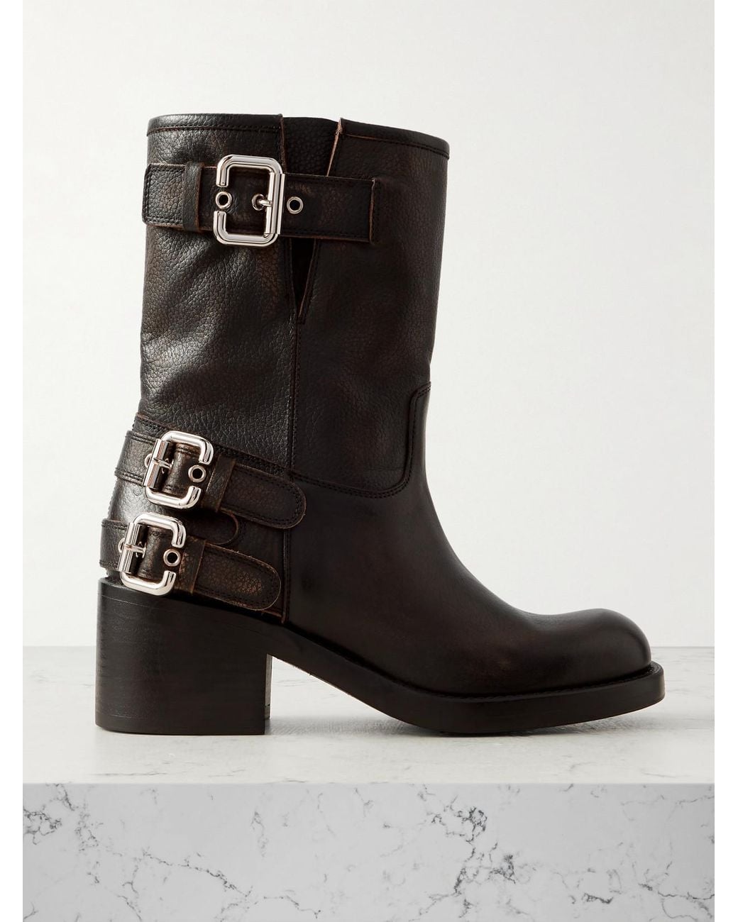 Chloé Black Buckled Textured-Leather Ankle Boots