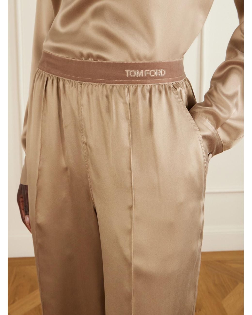 Tom Ford Natural Logo-Embroidered Velvet-Trimmed Silk-Satin Straight-Leg Pants