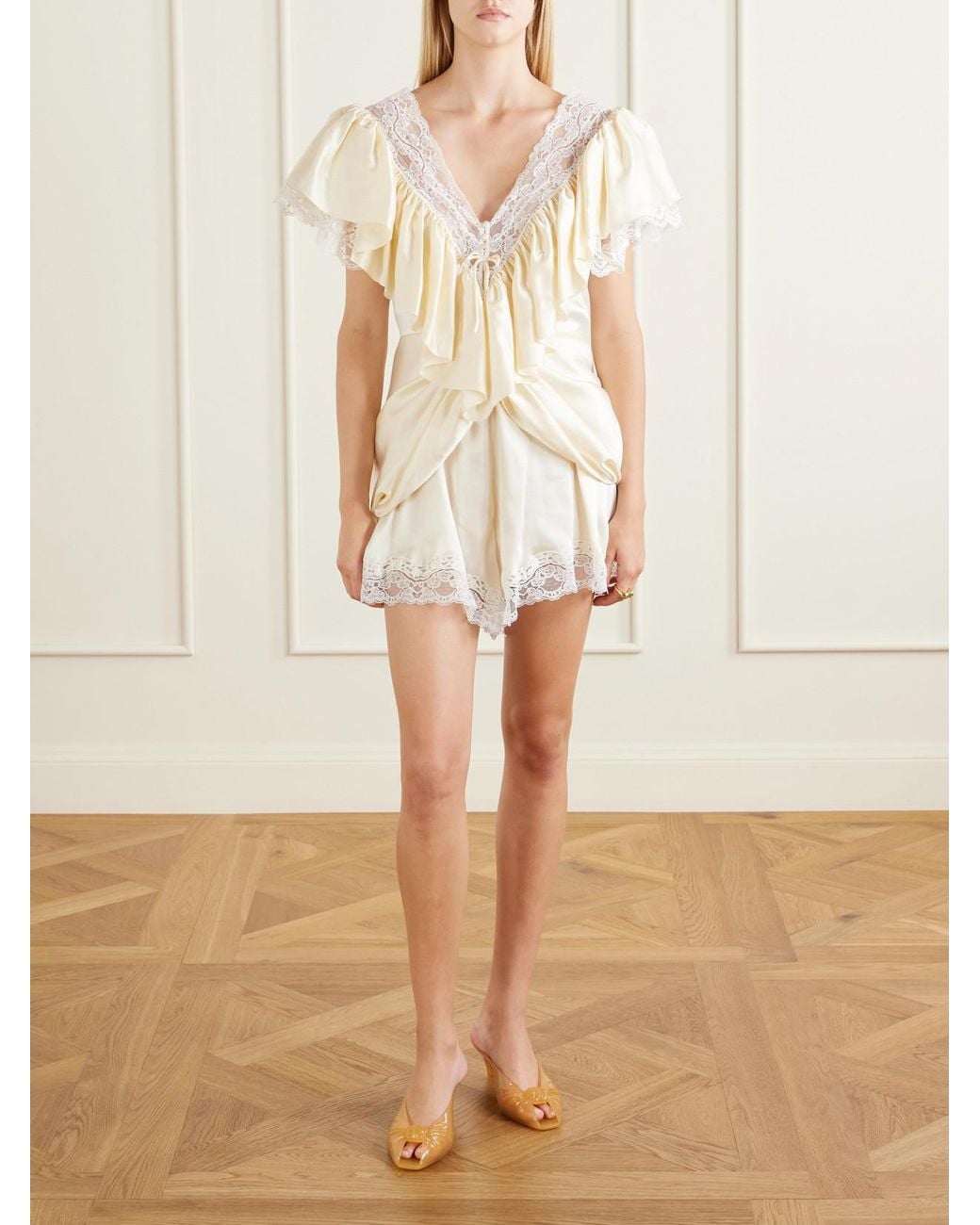 Chloé Natural Ruffled Lace-Trimmed Silk-Satin Playsuit