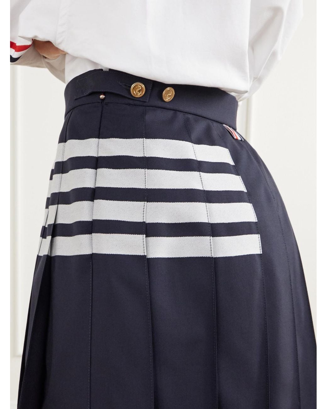 Thom Browne Blue Pleated Asymmetric Grosgrain-Trimmed Wool-Gabardine Mini Skirt