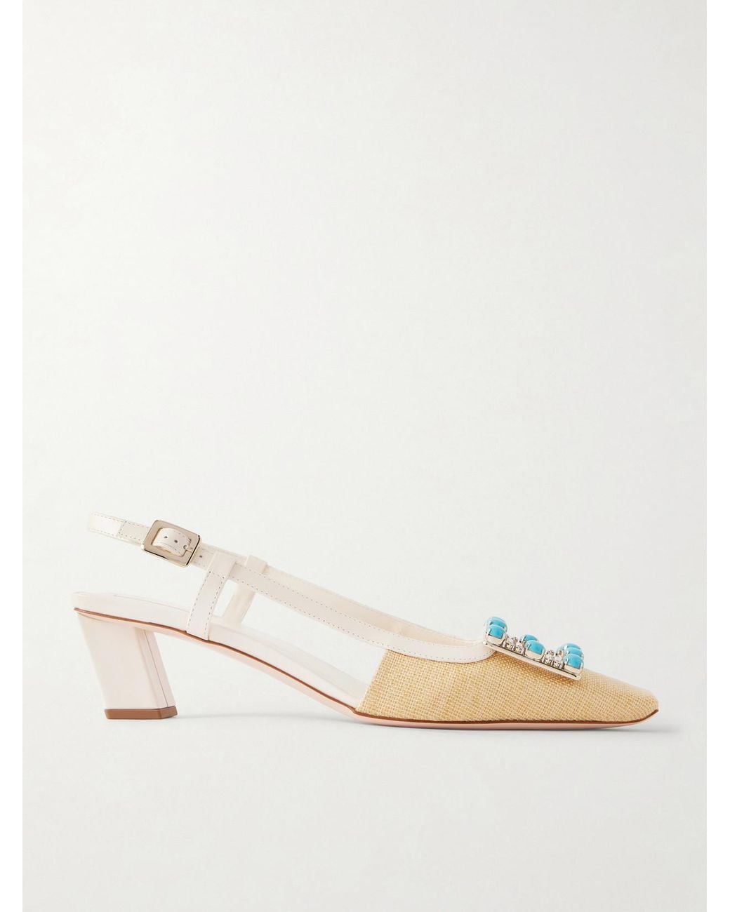 Roger Vivier Natural Belle Vivier 45 Leather-Trimmed Embellished Slingback Pumps