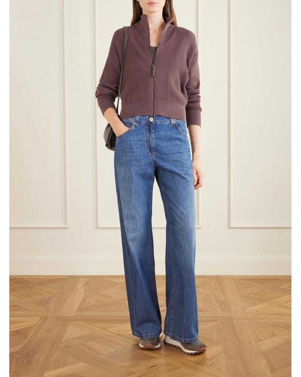 Brunello Cucinelli Purple Ribbed Cotton Zip-Up Turtleneck Cardigan