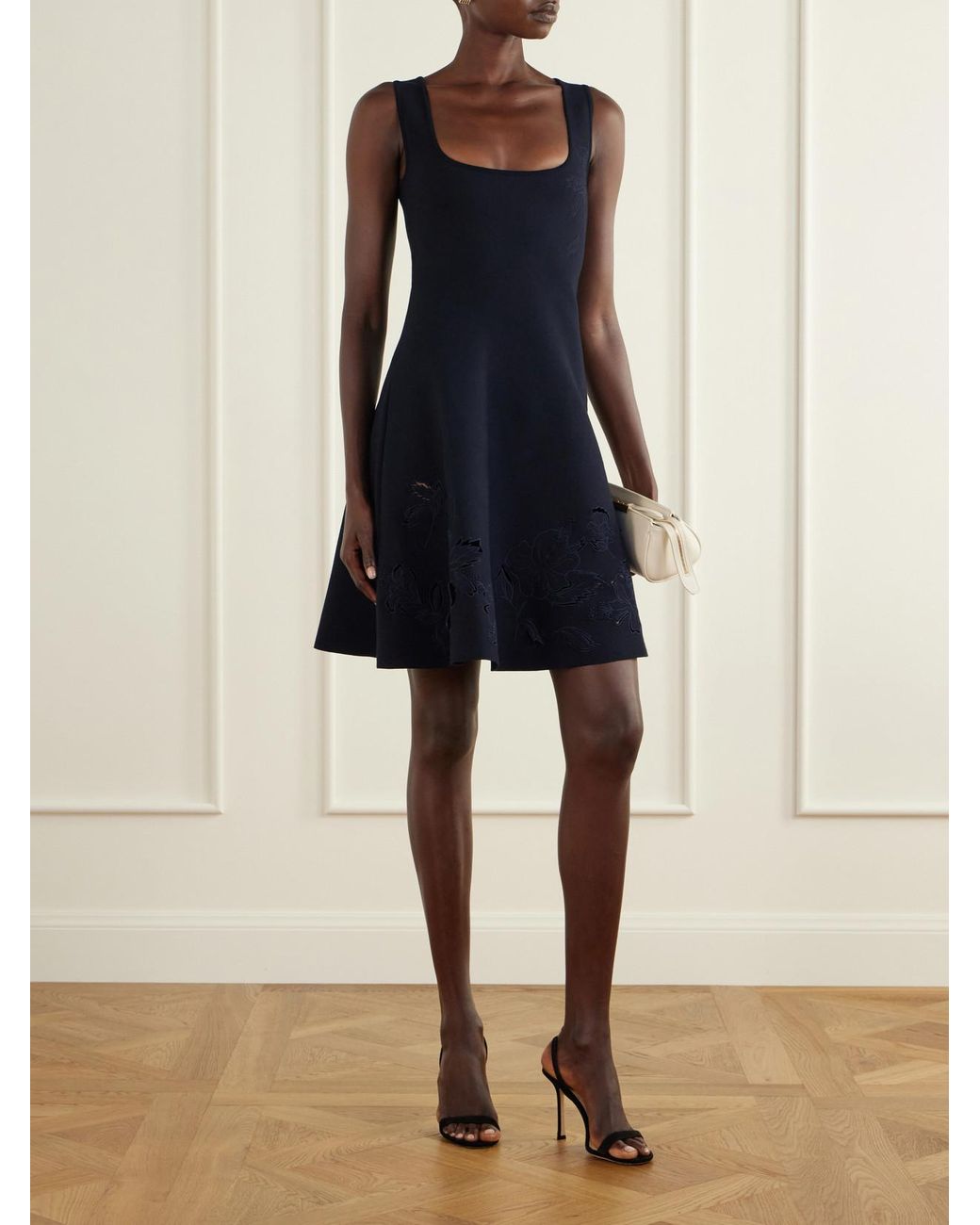 Oscar de la Renta Blue Laser-Cut Embroidered Knitted Mini Dress
