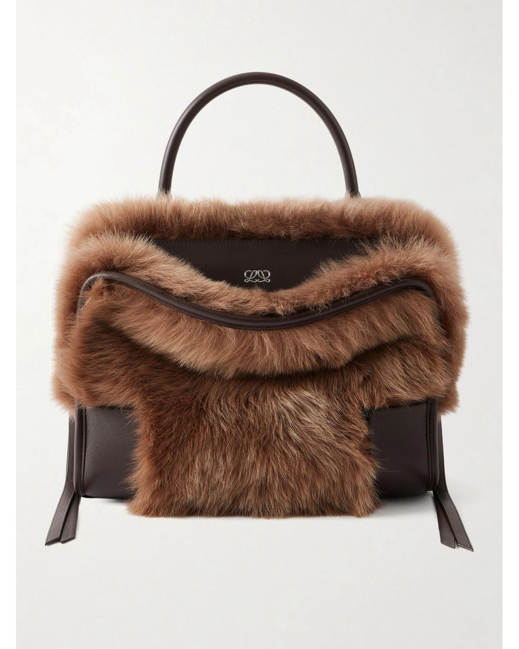 Loewe Brown Amazona 180 Medium Shearling-Trimmed Leather Shoulder Bag