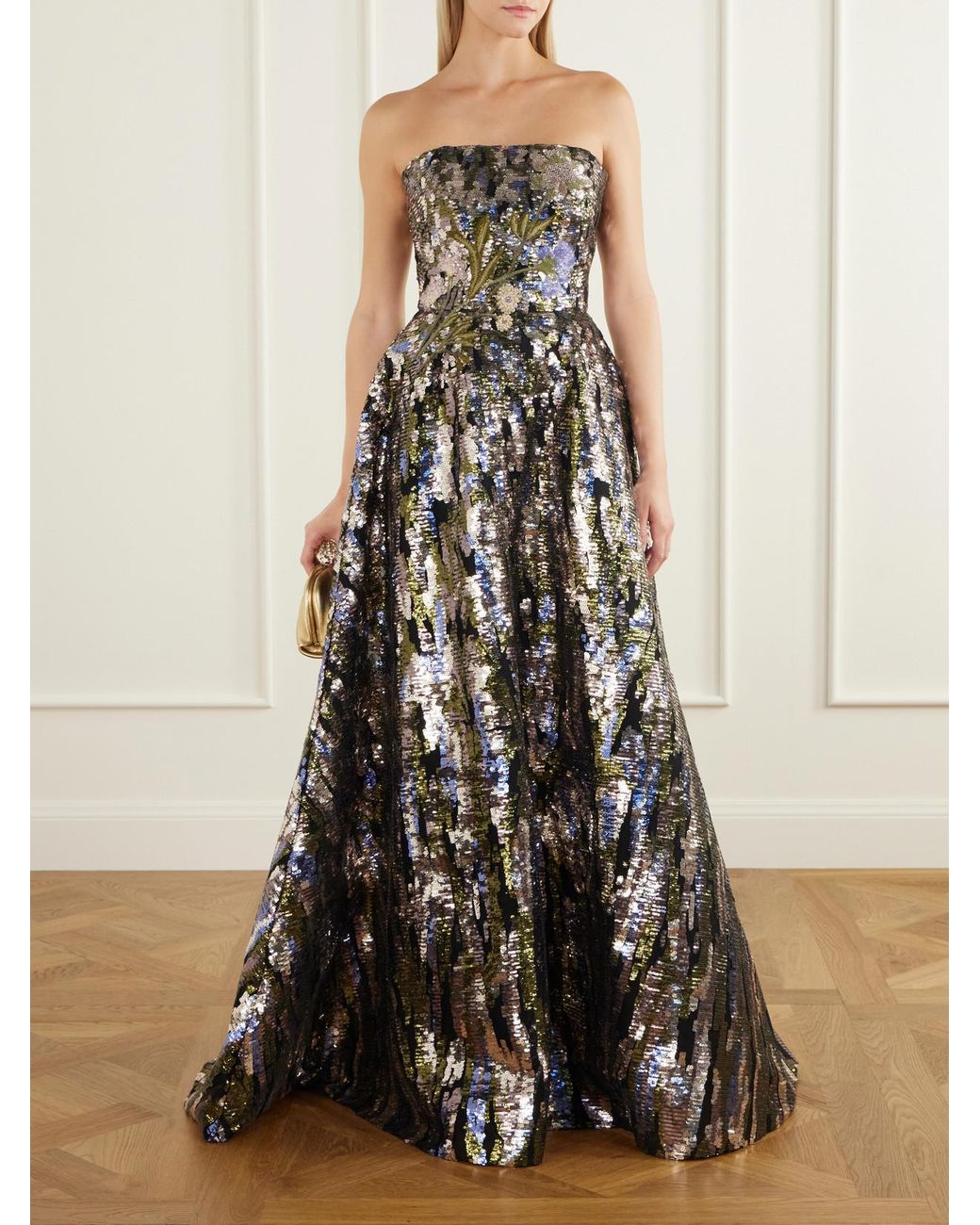 Elie Saab White Strapless Embroidered Sequined Tulle Gown