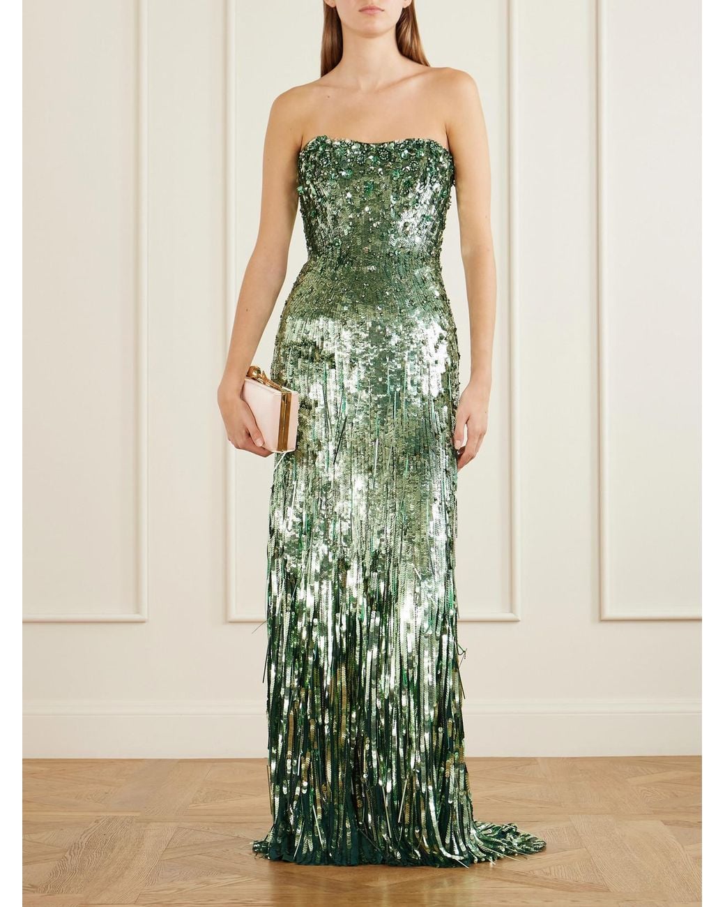 Jenny Packham Green Kimi Frayed Sequined Tulle Gown