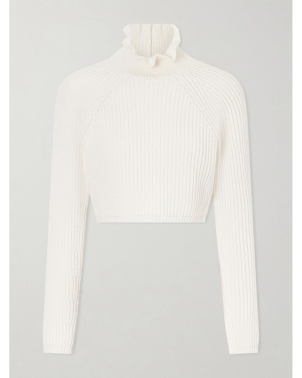Max Mara Campo Ruffled Ribbed-Knit Cotton Sweater in White | Lyst