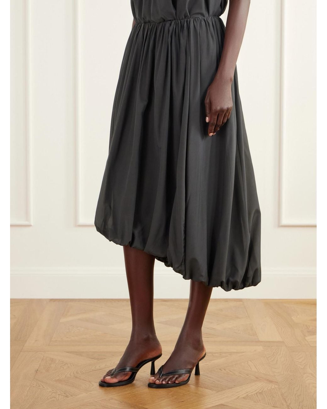 St. Agni Black Balloon Gathered Chiffon Midi Skirt