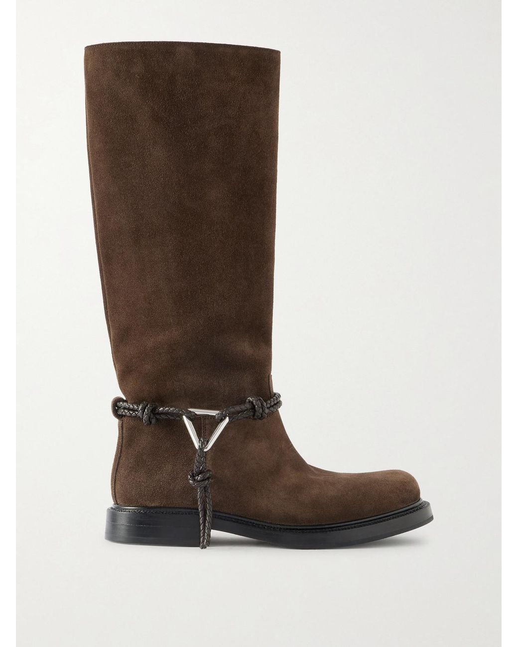 Bottega Veneta Brown James Intrecciato Leather-Trimmed Suede Knee Boots