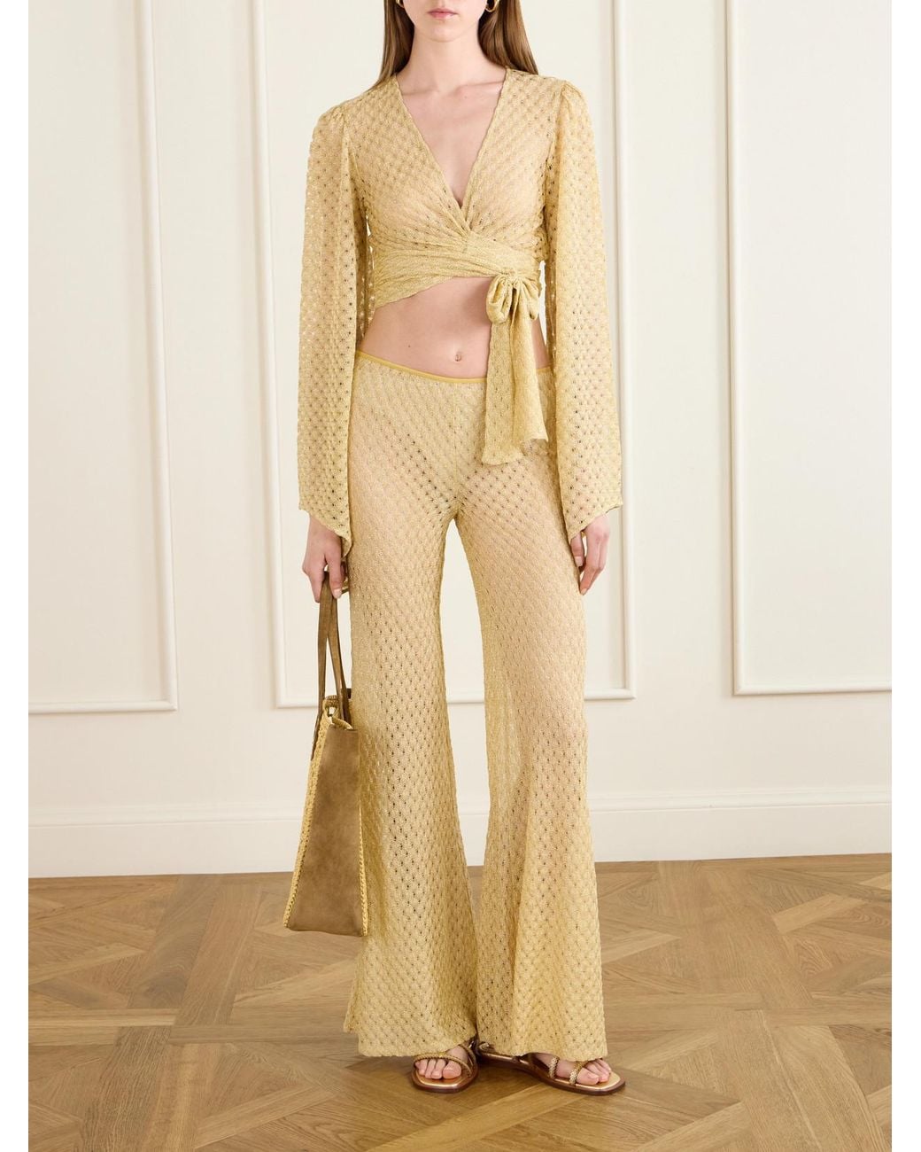 Missoni Natural Metallic Crochet-Knit Flared Pants