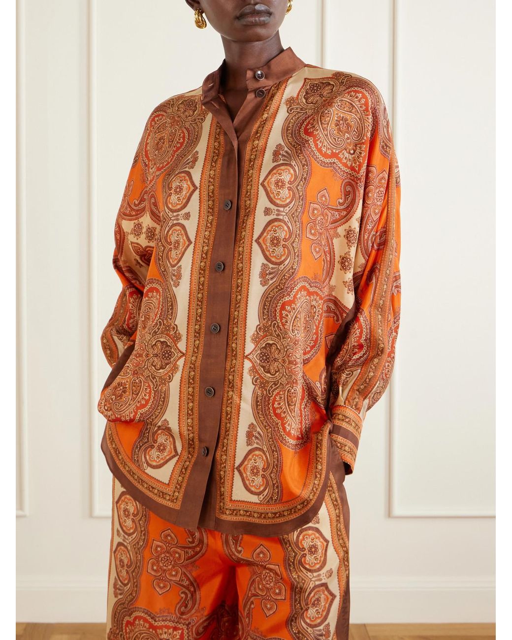 Zimmermann Orange Mahon Dolman Printed Silk-Satin Shirt