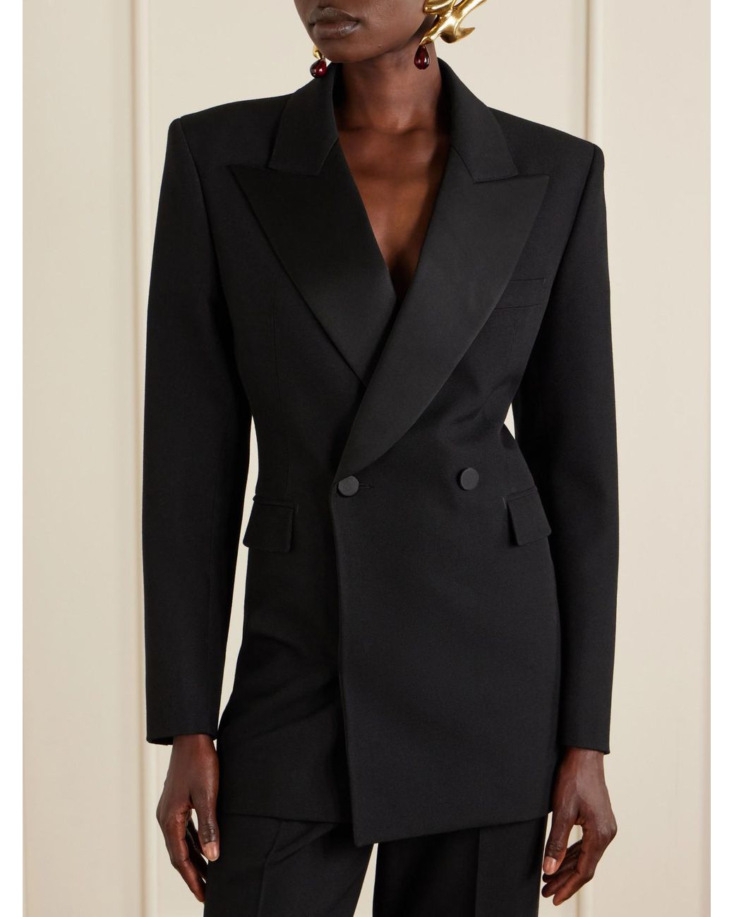 Saint Laurent Black Double-Breasted Satin-Trimmed Wool-Crepe Blazer