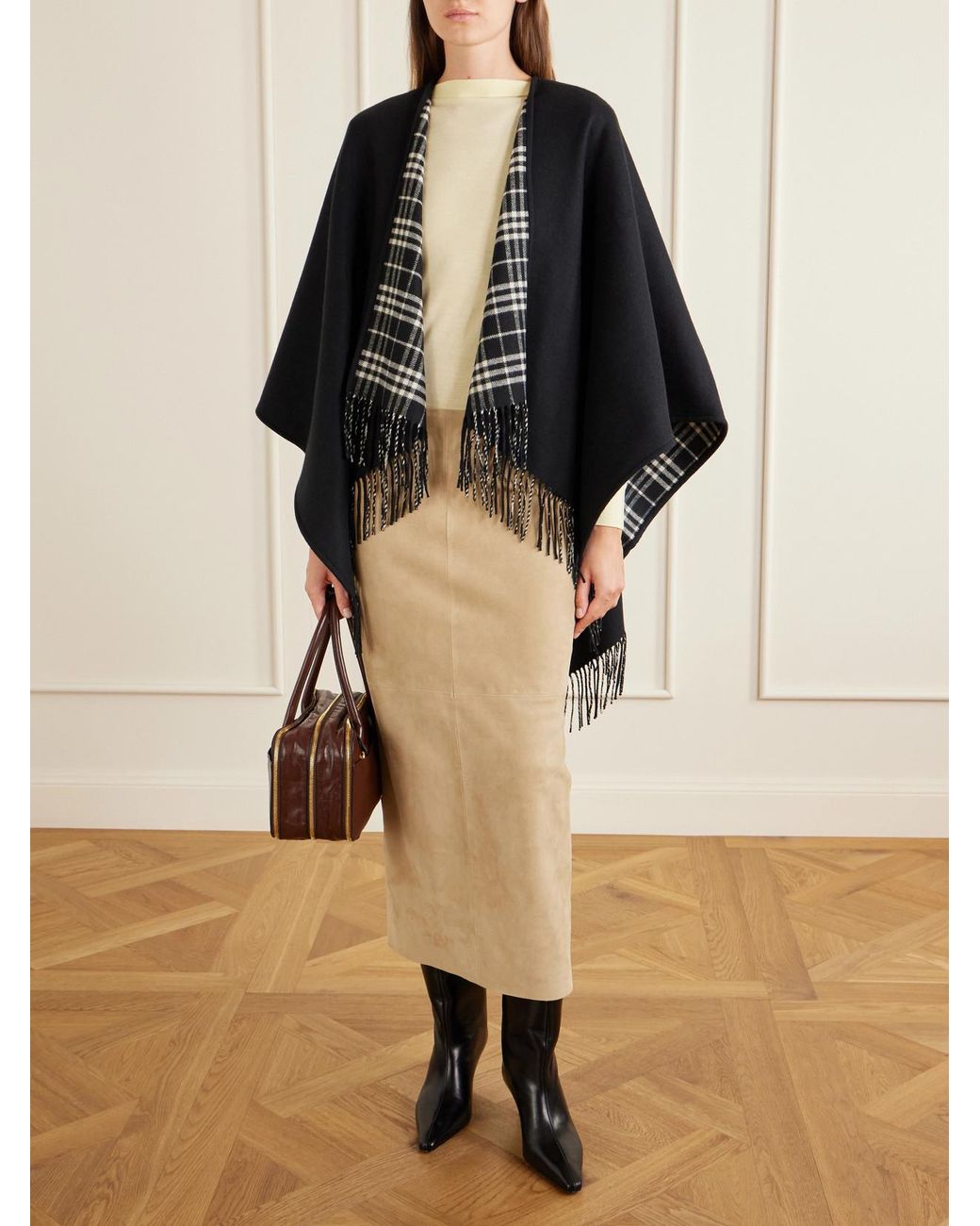 Burberry Blue Reversible Fringed Checked Wool Cape