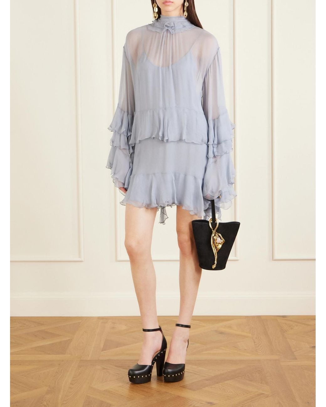 Chloé Blue Ruffled Crepon Mini Dress