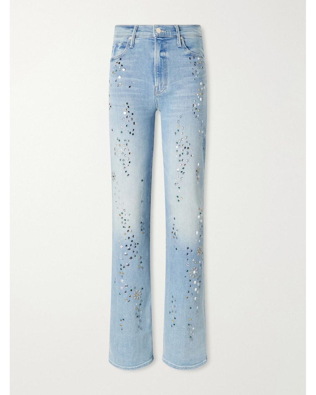 Mother Blue The Kick It Embellished Stretch High-Rise Straight-Leg Jeans