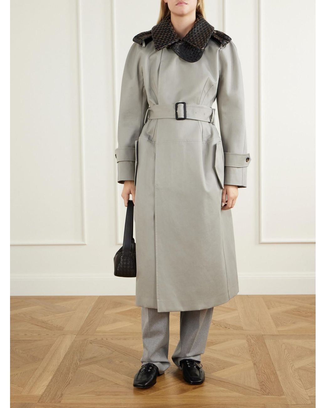 Bottega Veneta Gray Belted Intrecciato Leather-Trimmed Cotton-Gabardine Trench Coat