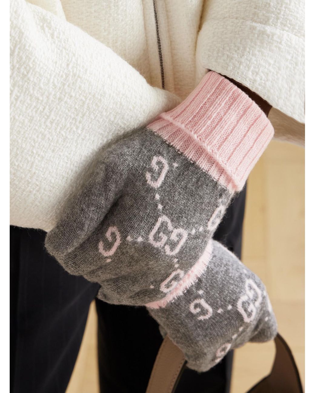 Gucci Gray Jacquard-Knit Cashmere Gloves
