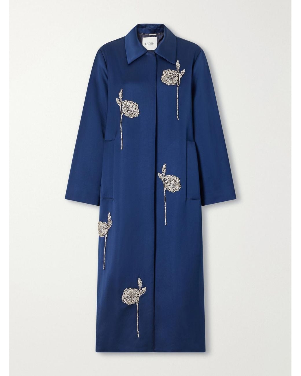 Erdem Blue Floral-Embroidered Satin Coat