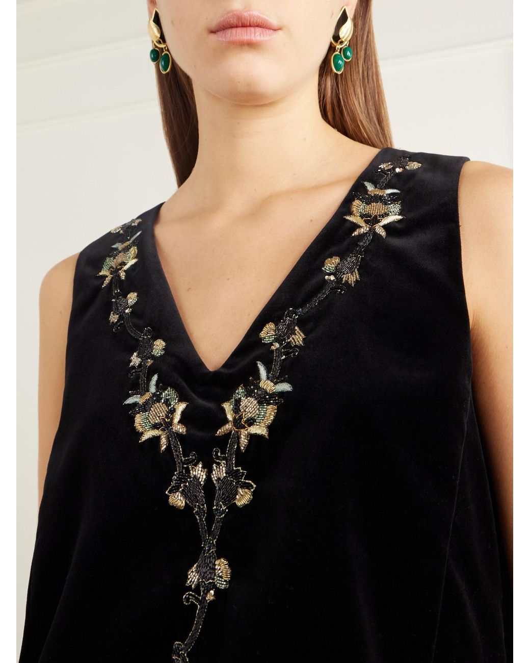 LaDoubleJ Black La Scala Bead-Embellished Embroidered Cotton-Velvet Top
