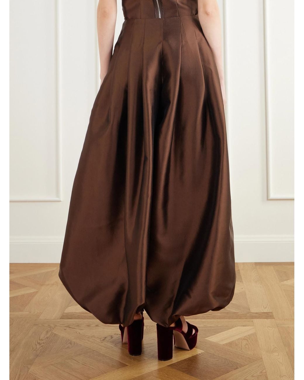Christopher John Rogers Brown Pleated Silk And Wool-Blend Satin Wide-Leg Pants