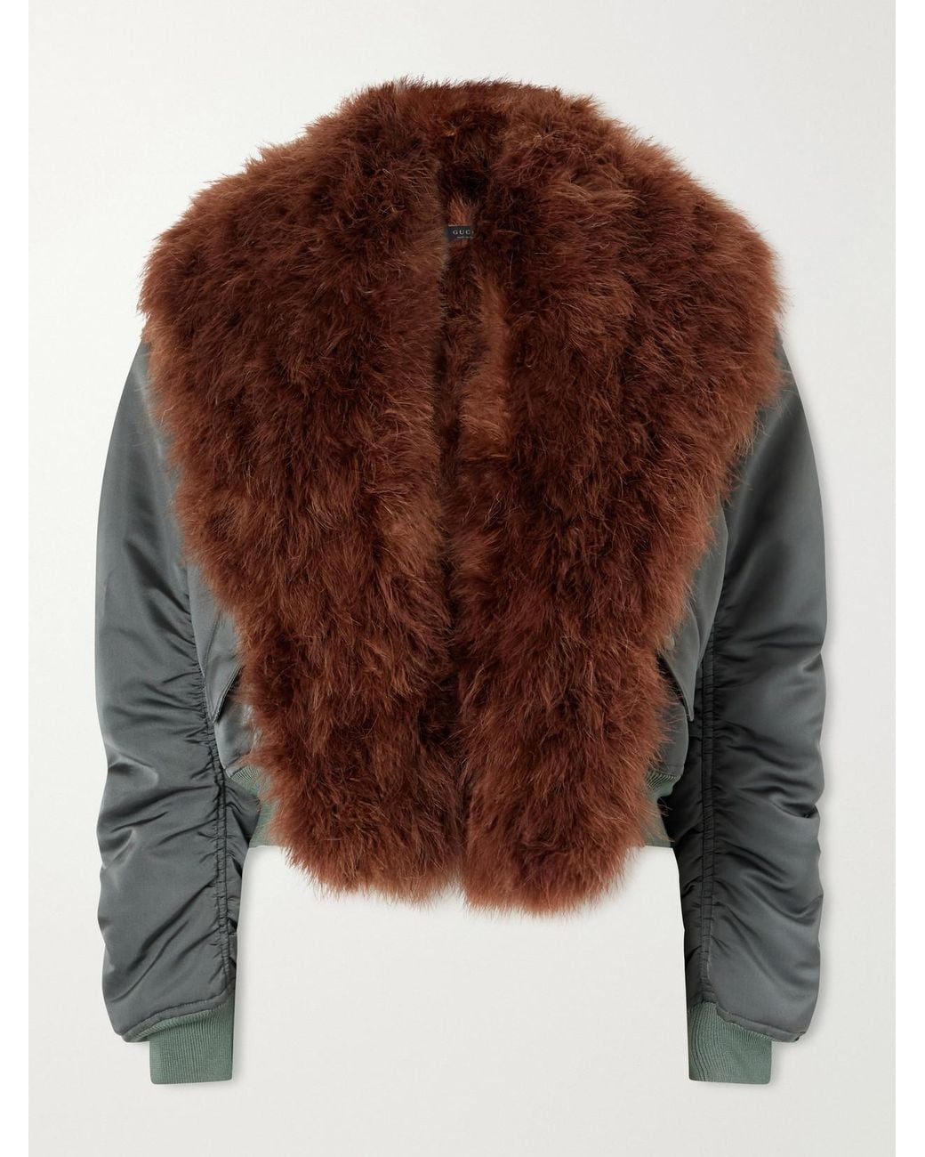 Gucci Brown Gathered Feather-Trimmed Silk-Duchesse Jacket