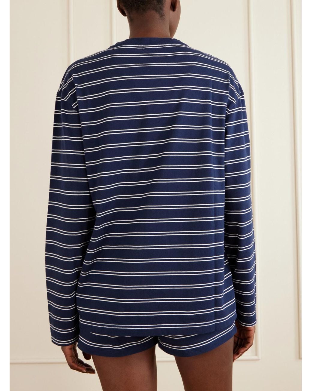 Sporty & Rich Blue Logo-Embroidered Striped Cotton-Jersey Long-Sleeve Top
