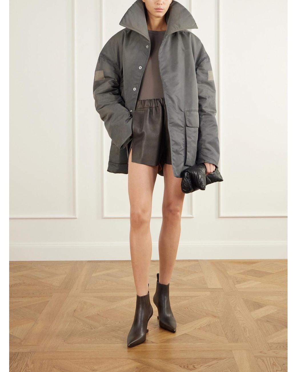 Rick Owens Gray Delave Gathered Textured-Leather Shorts