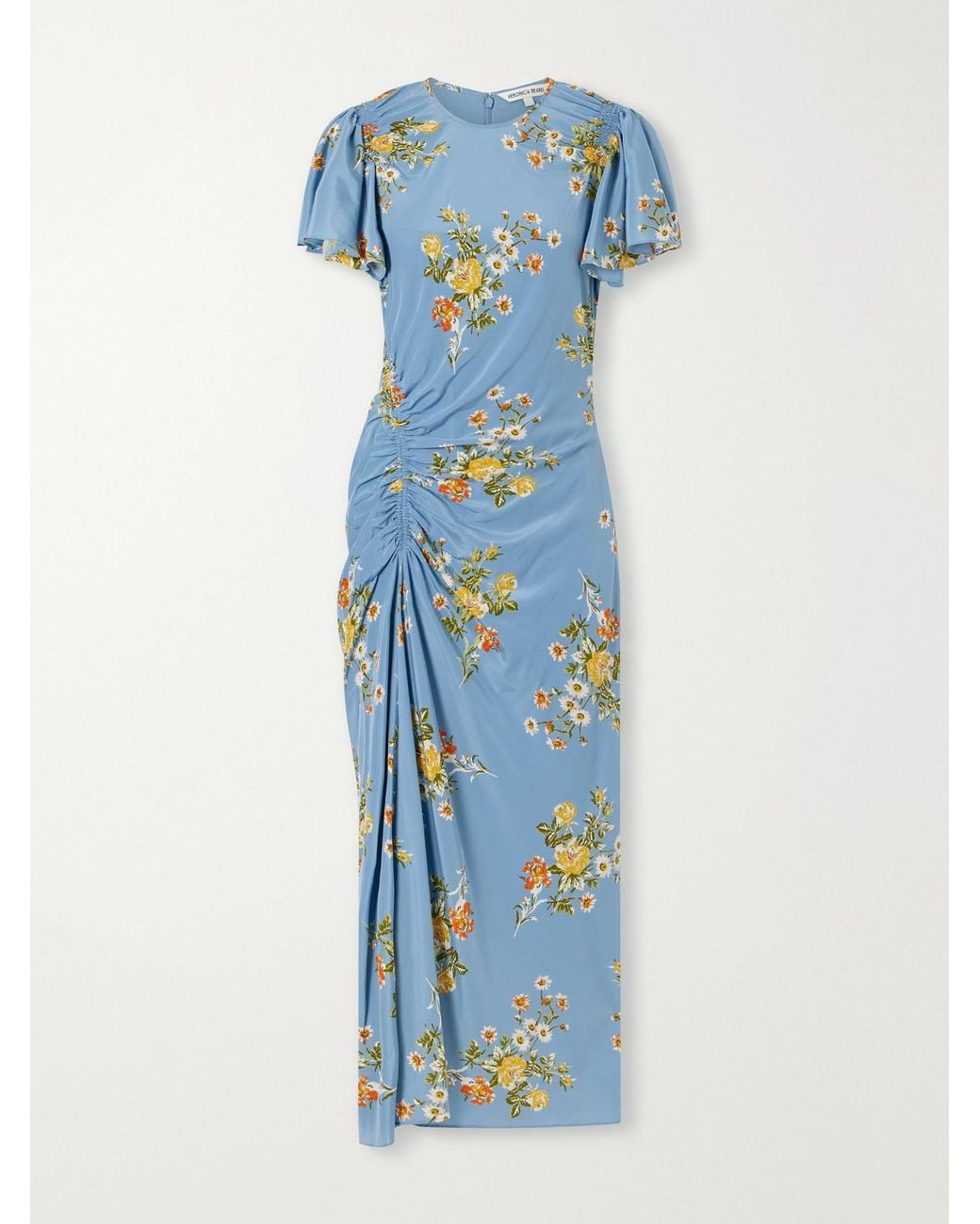 Veronica Beard Blue Huntleigh Gathered Floral-Print Silk-Blend Satin Midi Dress