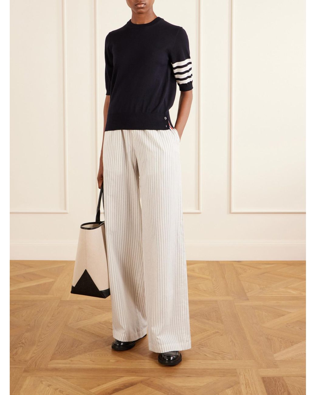 Thom Browne Blue Grosgrain-Trimmed Striped Wool-Blend Sweater