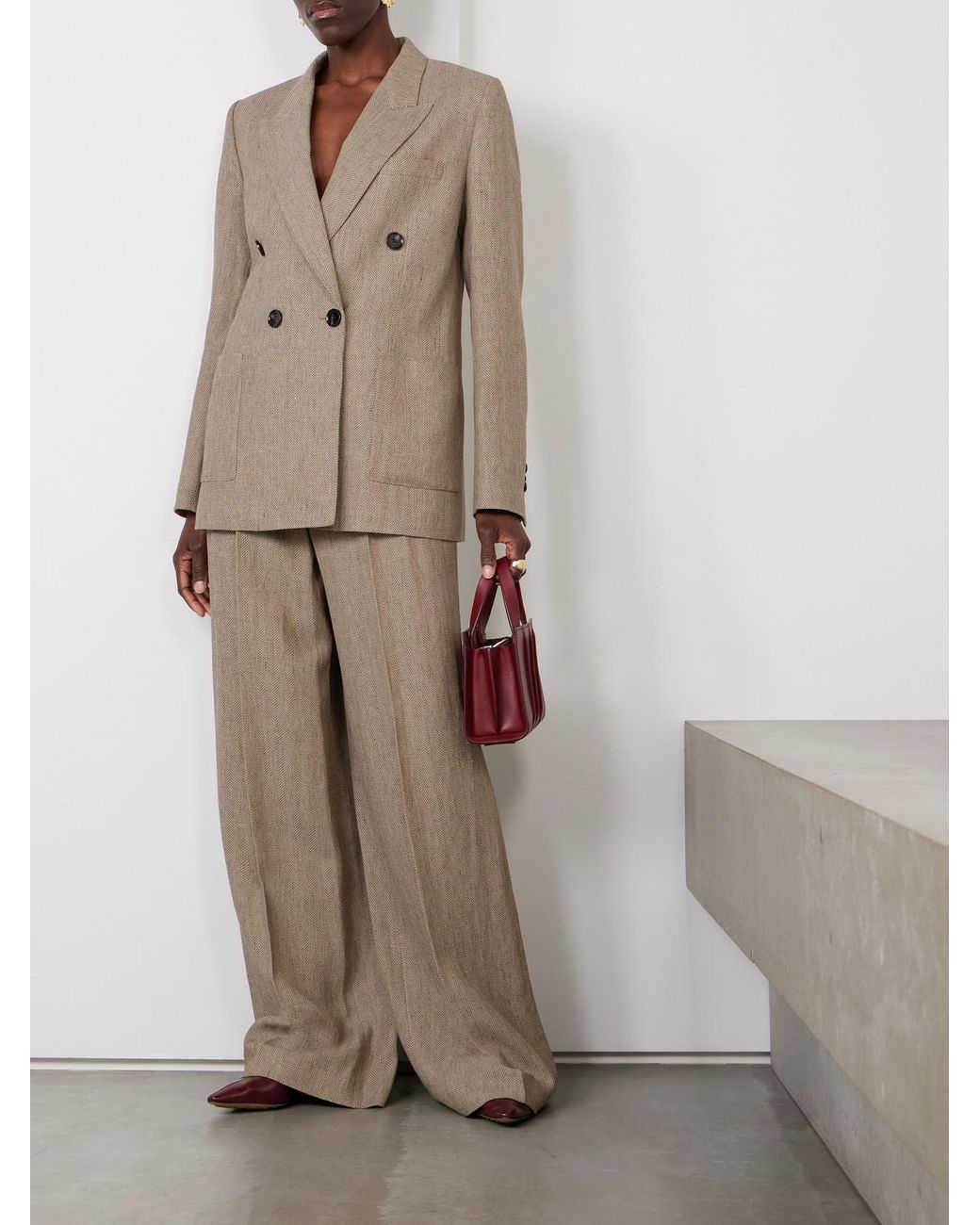Loro Piana White Nyack Pleated Herringbone Linen Wide-Leg Pants