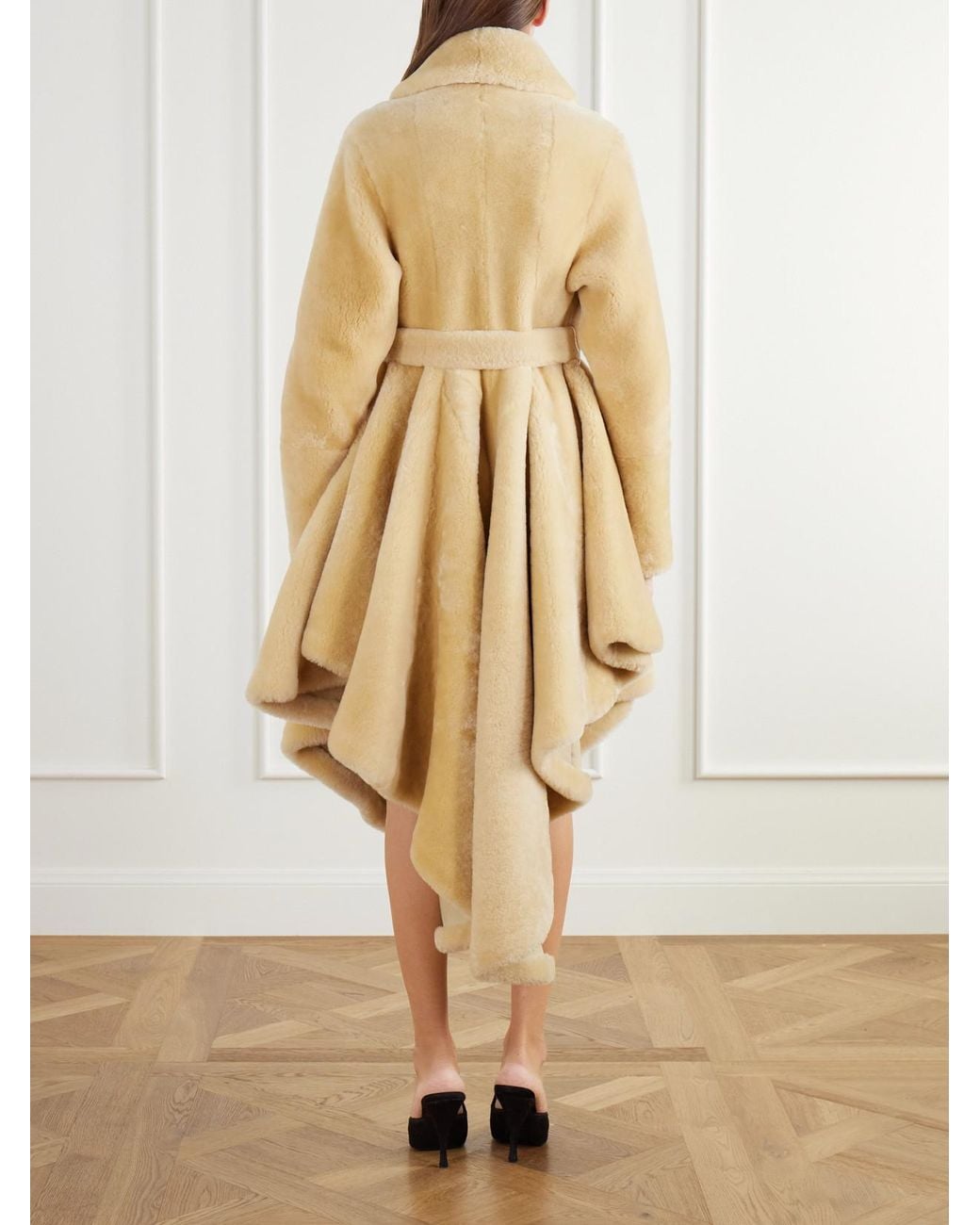 Alaïa Natural Asymmetric Belted Flared Shearling Coat