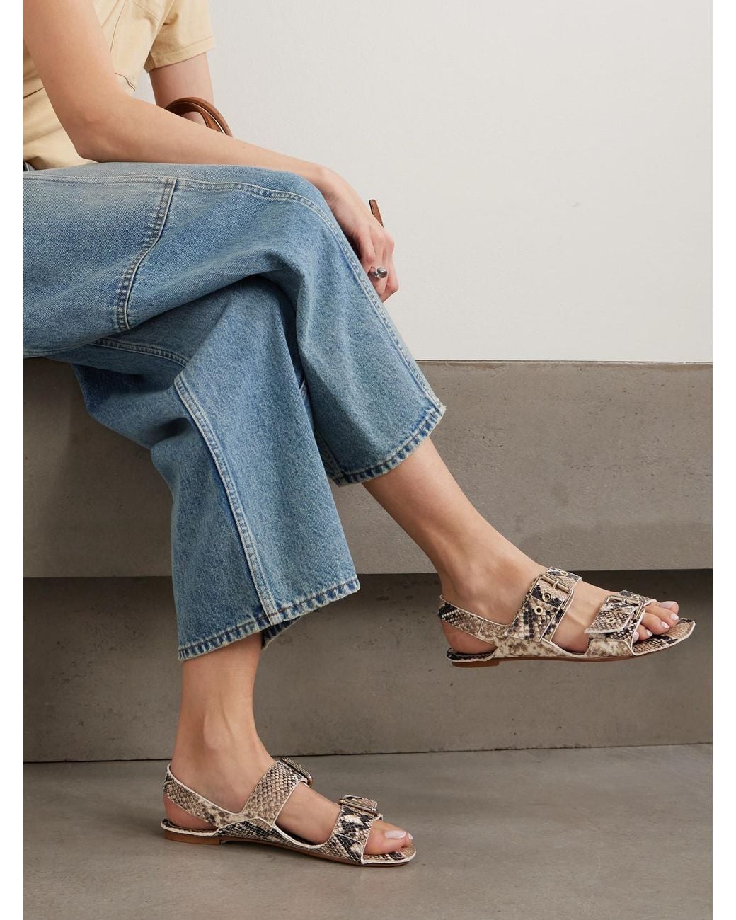 Jamie Haller Natural The Double Buckle Snake-Effect Leather Sandals