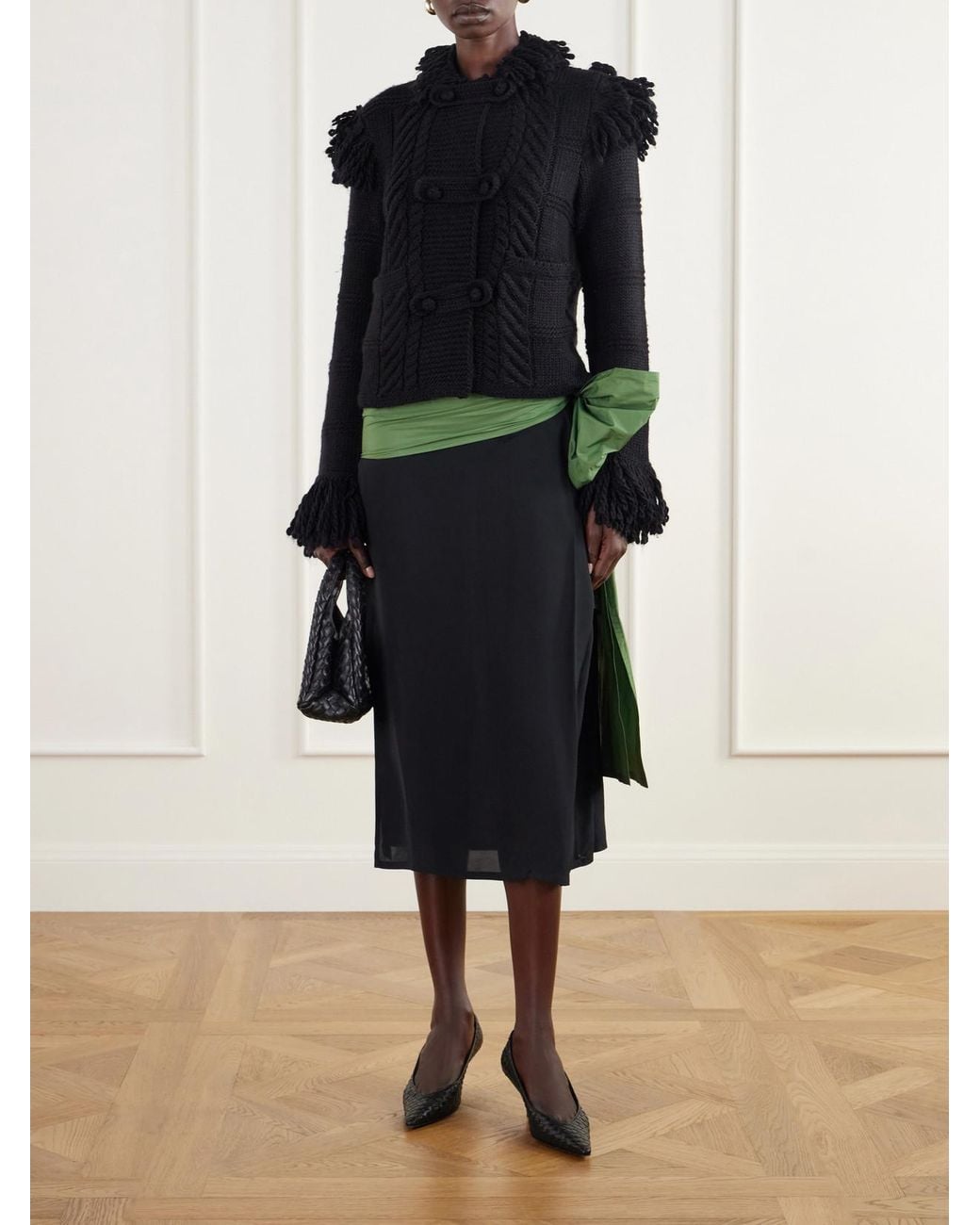Polo Ralph Lauren Black Fringed Cable-Knit Wool Cardigan