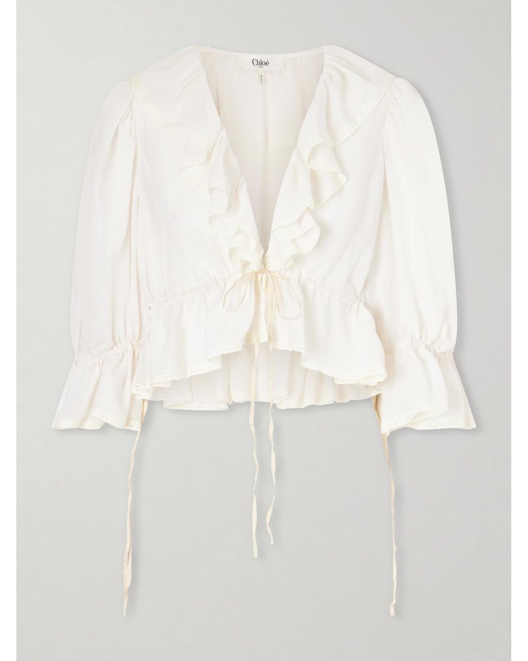 Chloé Natural Lace-Trimmed Ruffled Silk-Georgette Blouse