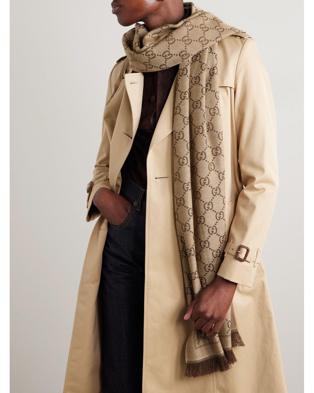 Gucci Brown Net Sustain Sten Reversible Fringed Organic Wool-Jacquard Scarf