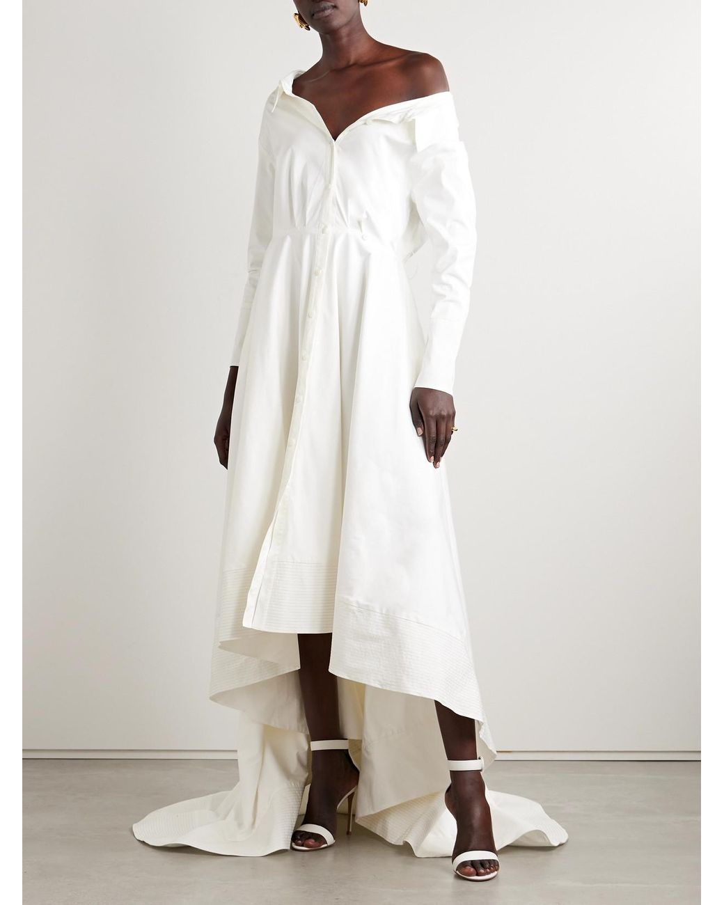 Danielle Frankel White Lou Off-The-Shoulder Cotton-Blend Poplin Gown