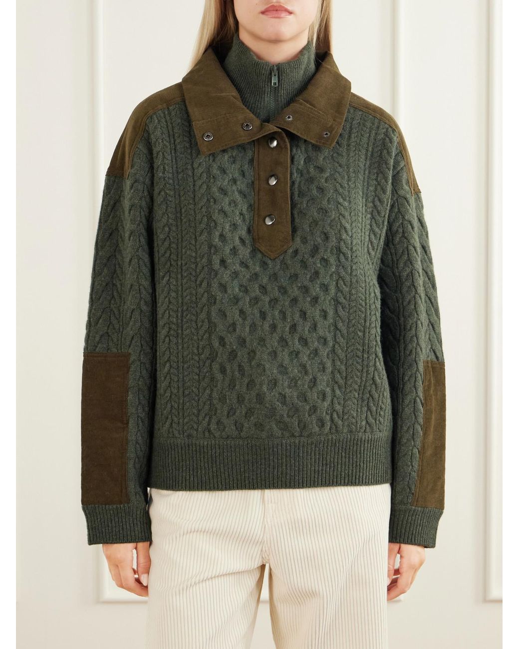 Sea Green Allen Cotton Corduroy-Trimmed Cable-Knit Wool Sweater