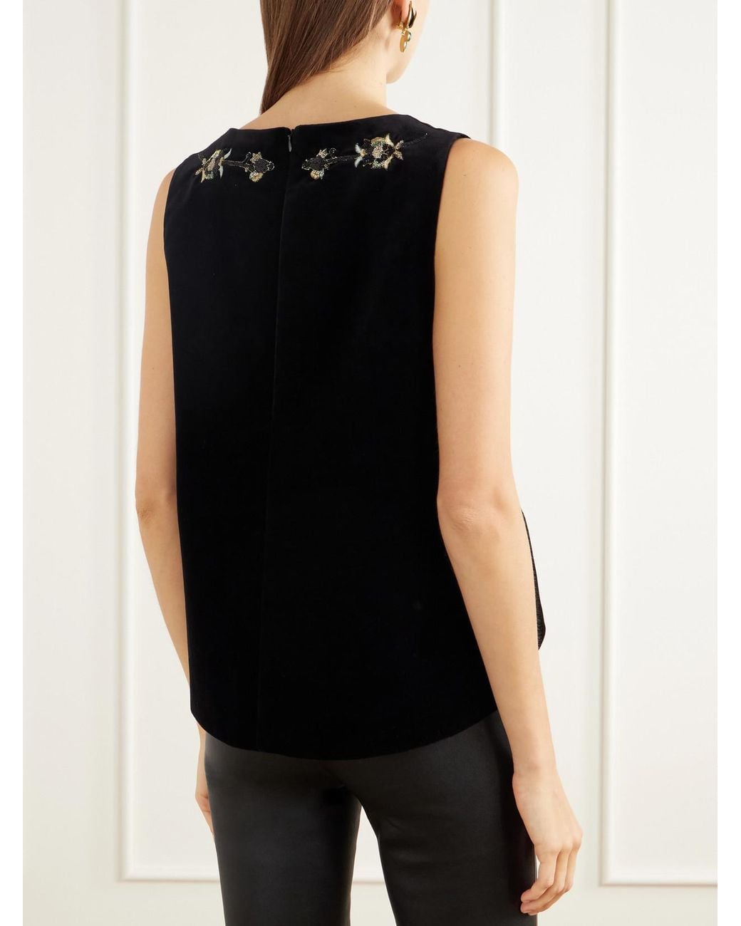 LaDoubleJ Black La Scala Bead-Embellished Embroidered Cotton-Velvet Top