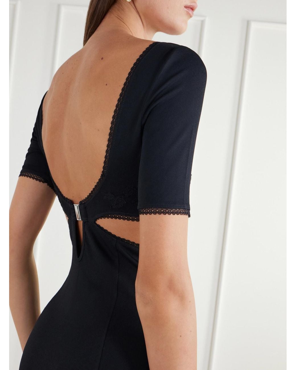 Rabanne Black Cut-Out Lace-Trimmed Crepe-Satin Maxi Dress