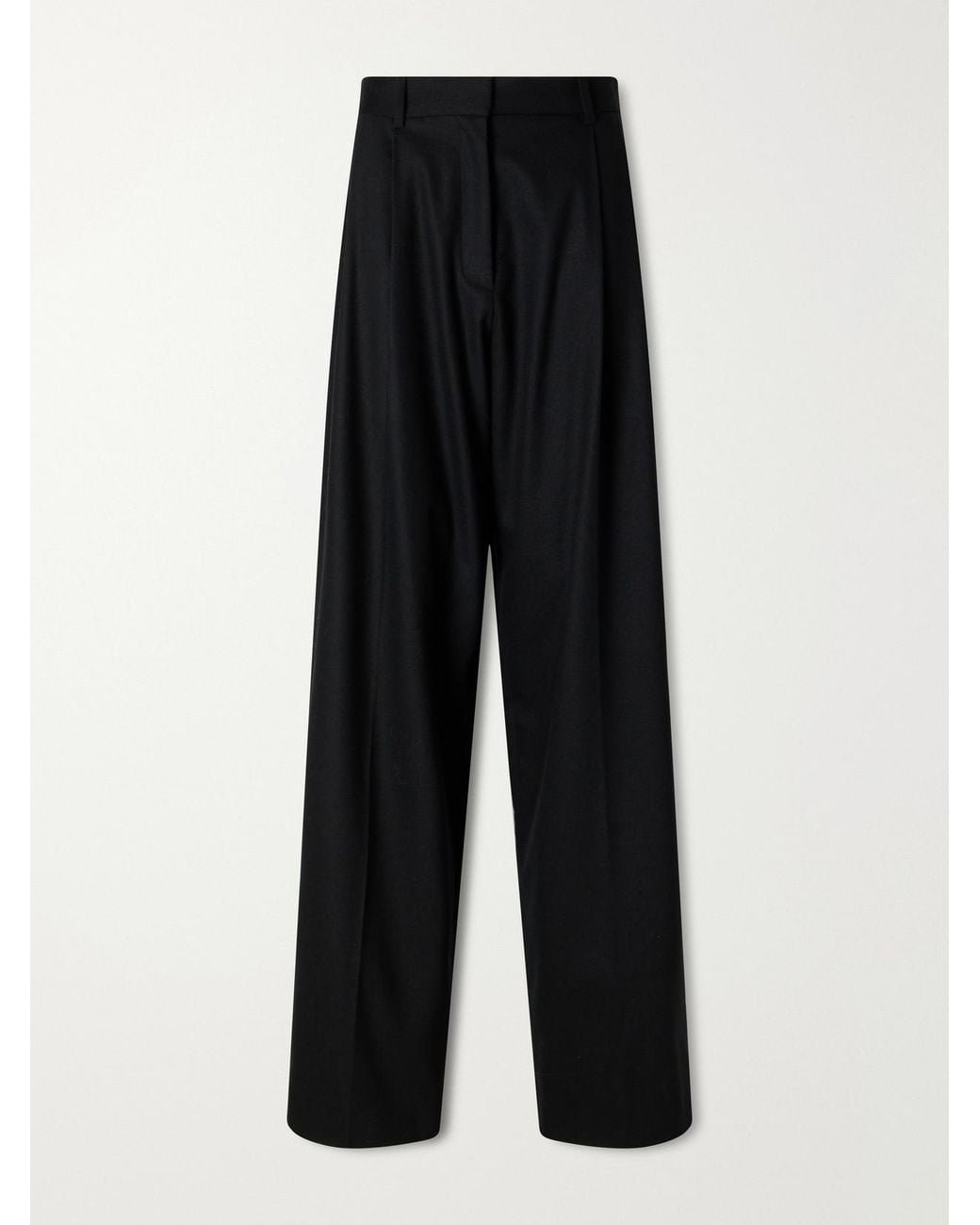 Khaite Black August Pleated Wool-Blend Flannel Straight-Leg Pants