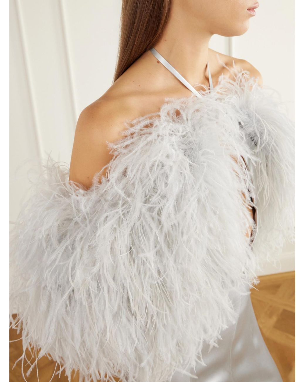The Attico White Feather-Trimmed Halterneck Satin Gown