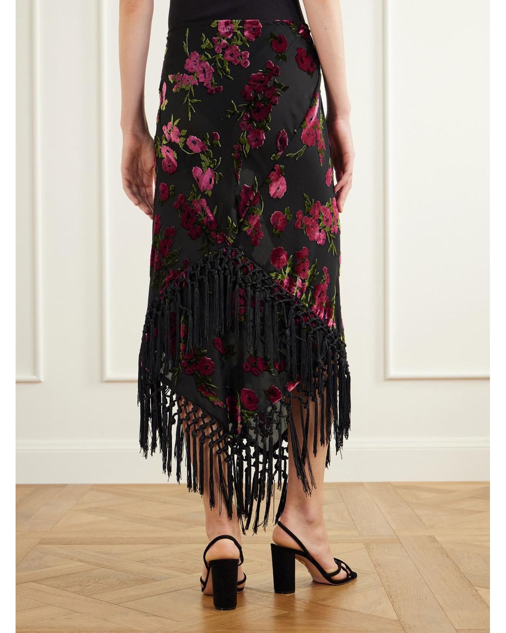 Anna Sui Black Asymmetric Floral-Flock Fringe-Trimmed Crepe Midi Skirt
