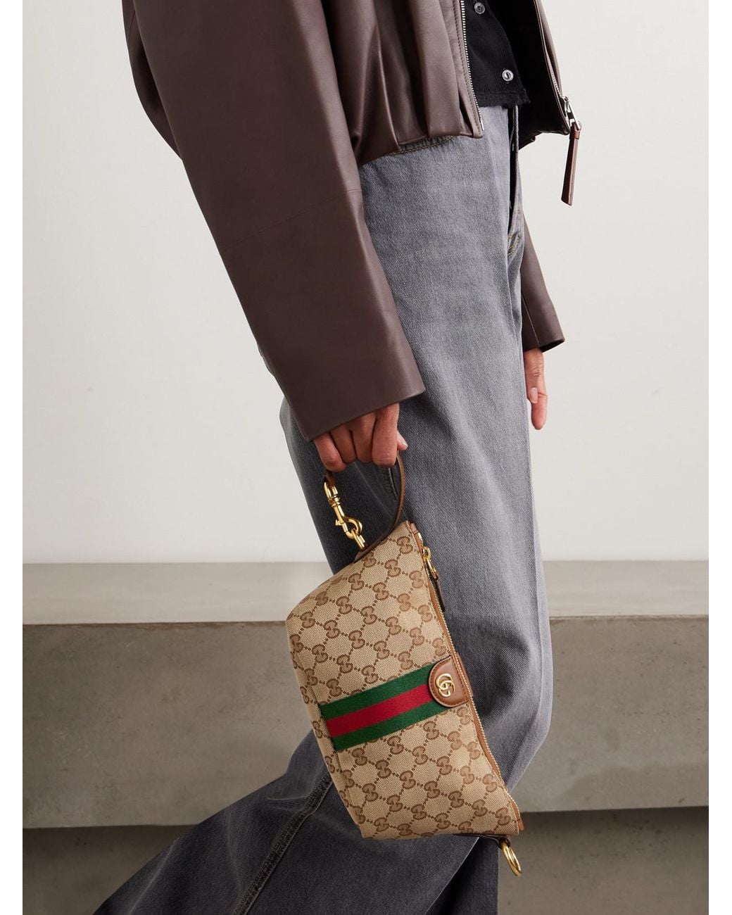 Gucci Brown Ophidia Mini Leather-Trimmed Coated Canvas-Jacquard Tote