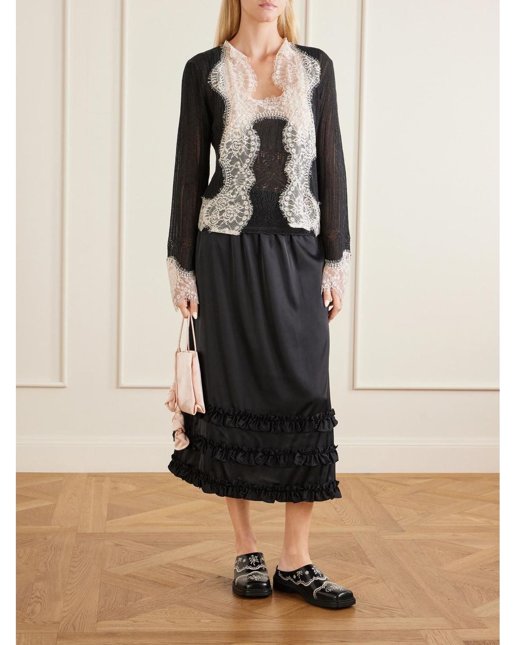 Anna Sui Black Lace-Trimmed Jersey Cami